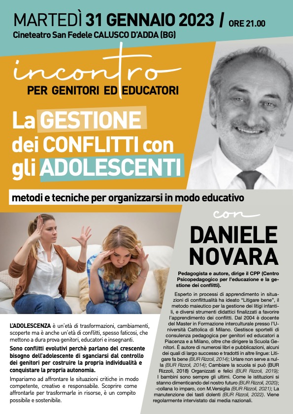 "La gestione dei conflitti con gli adolescenti" incontro per genitori a Calusco d'Adda con Daniele Novara, 31 gennaio 2023