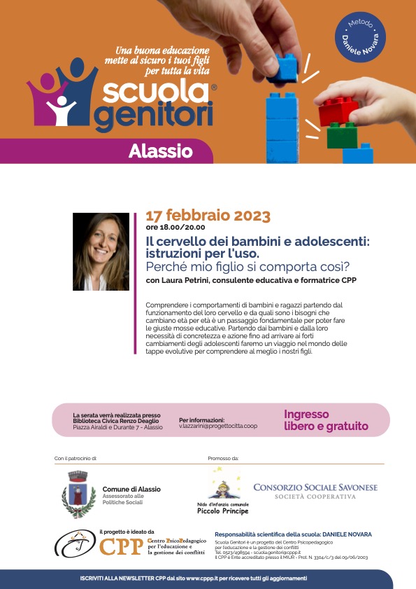 Locandina Scuola Genitori di Alassio 2023 con Laura Petrini, venerdì 17 febbraio 