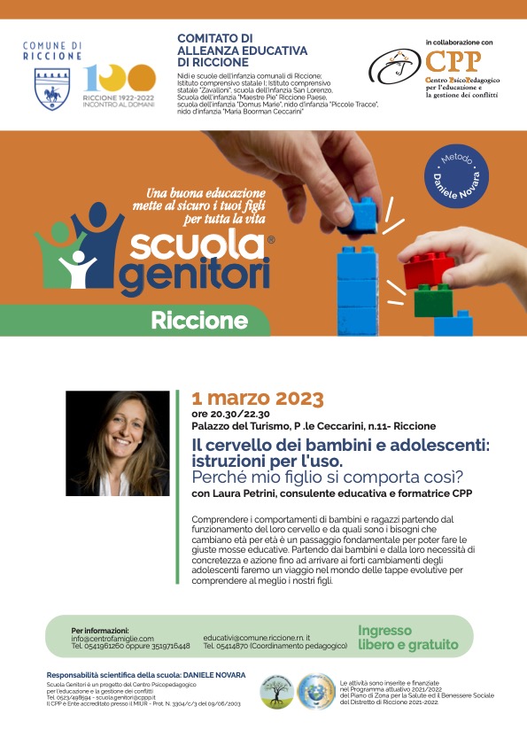 Locandina Scuola Genitori di Riccione 2023, un incontro per genitori condotto da Laura Petrini, mercoledì 1 marzo 