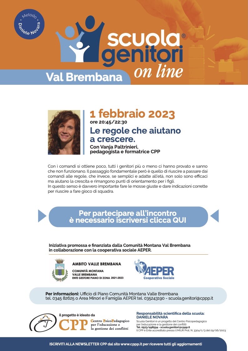 Locandina con incontro della Scuola Genitori Val Brembana condotto da Vanja Paltrinieri, 1 febbraio 2023