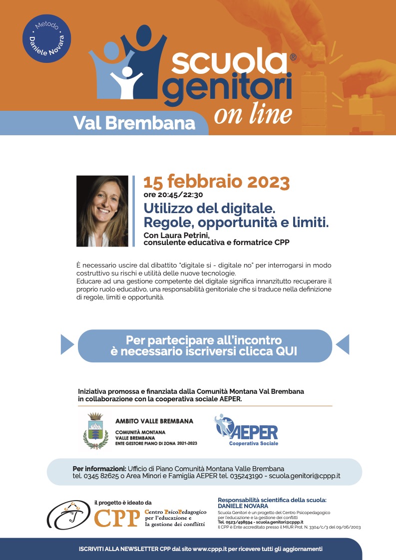 Locandina con incontro della Scuola Genitori Val Brembana condotto da Laura Petrini, 15 febbraio 2023