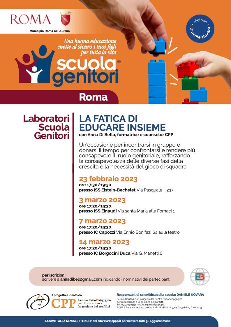 Laboratori Scuola Genitori di Roma, incontri gratuiti per genitori condotti da Anna Di Bella, 2023