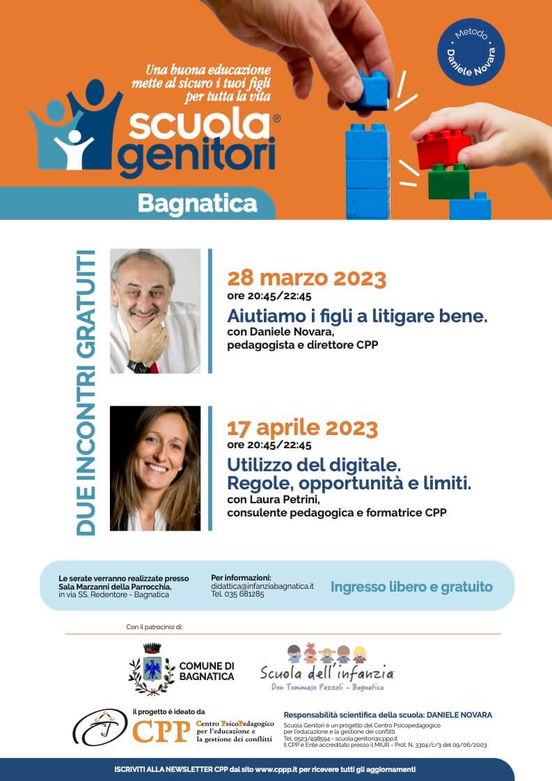 Locandina della Scuola Genitori di Bagnatica (BG) 2023 con Daniele Novara e Laura Petrini