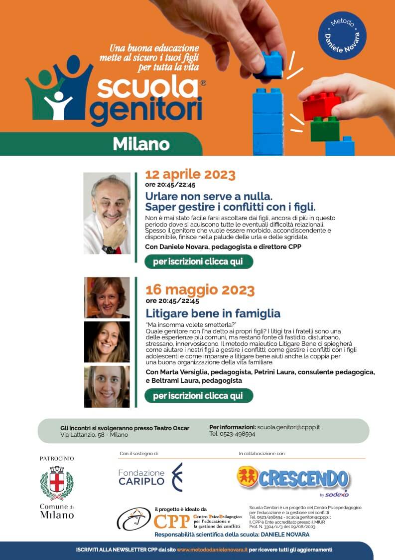 Locandina con il progetto Scuola Genitori di Milano 2023, sono indicati i primi 2 incontri di 4: Urlare non serve a nulla 12 aprile e Litigare bene in famiglia 16 maggio 2023