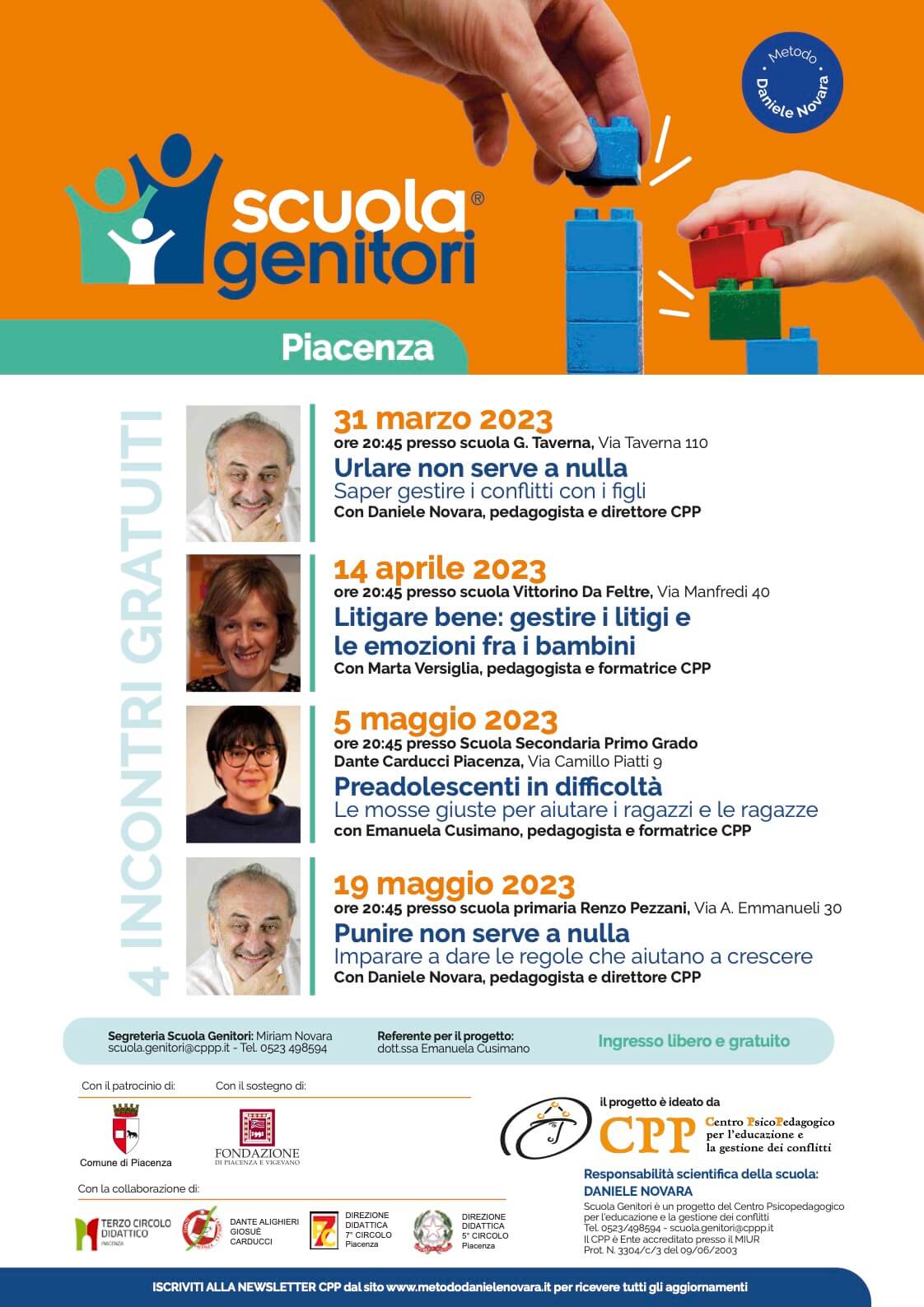 Locandina della Scuola Genitori di Piacenza edizione 2023 con Daniele Novara, Marta Versiglia e Emanuela Cusimano