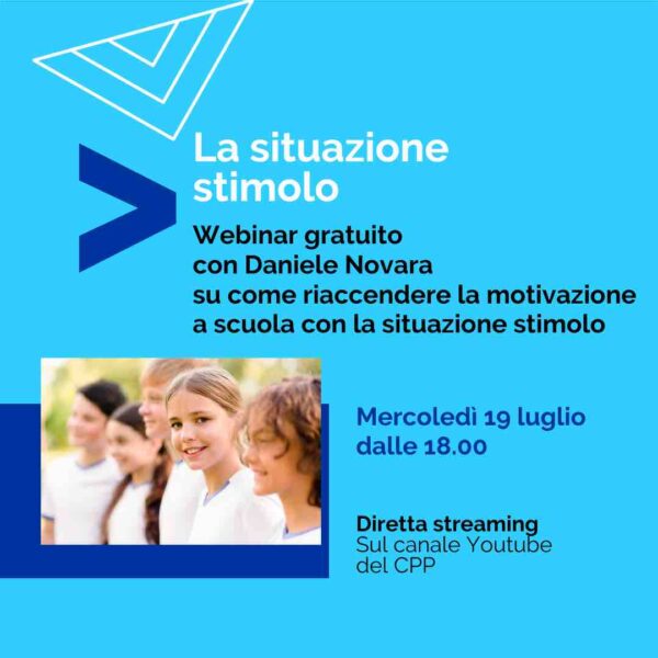 Lunedì 19 luglio 2023 alle 18.00 webinar gratuito con Daniele Novara sulla situazione stimolo a Scuola, l'evento è gratuito e aperto a tutti.
