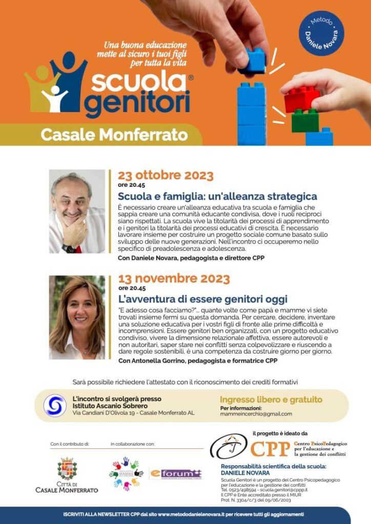 Scuola Genitori di Casale Monferrato 2023 con Daniele Novara, 23 ottobre, e Antonella Gorrino, 13 novembre. Incontri gratuiti aperti a tutti