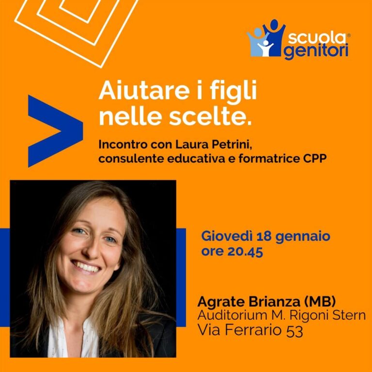 Laura Petrini condice un nuovo incontro della Scuola Genitori di Agrate Brianza, giovedì 18 gennaio 2024 dedicato alle scelte dei figli