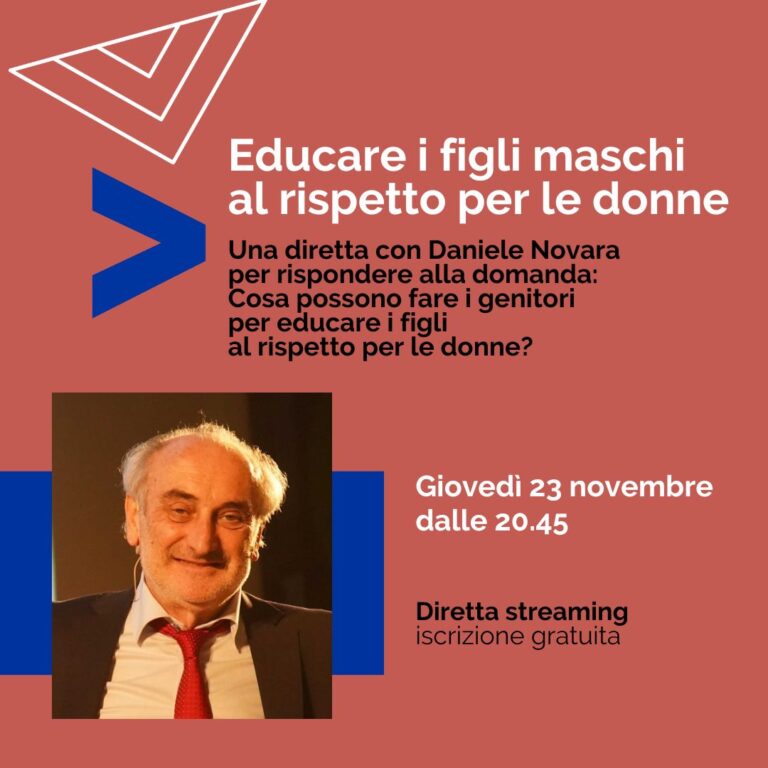 Daniele Novara interviene sul tema dell'educazione dei figli maschi in occasione della giornata contro la violenza sulle donne 2023, giovedì 23 novembre alle 20.45