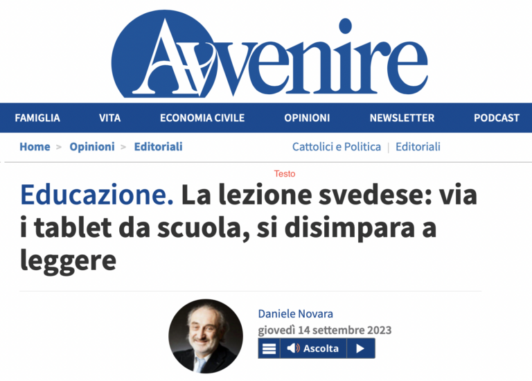 La lezione svedese: via i tablet da scuola, si disimpara a leggere, articolo di Daniele Novara pubblicato da Avvenire