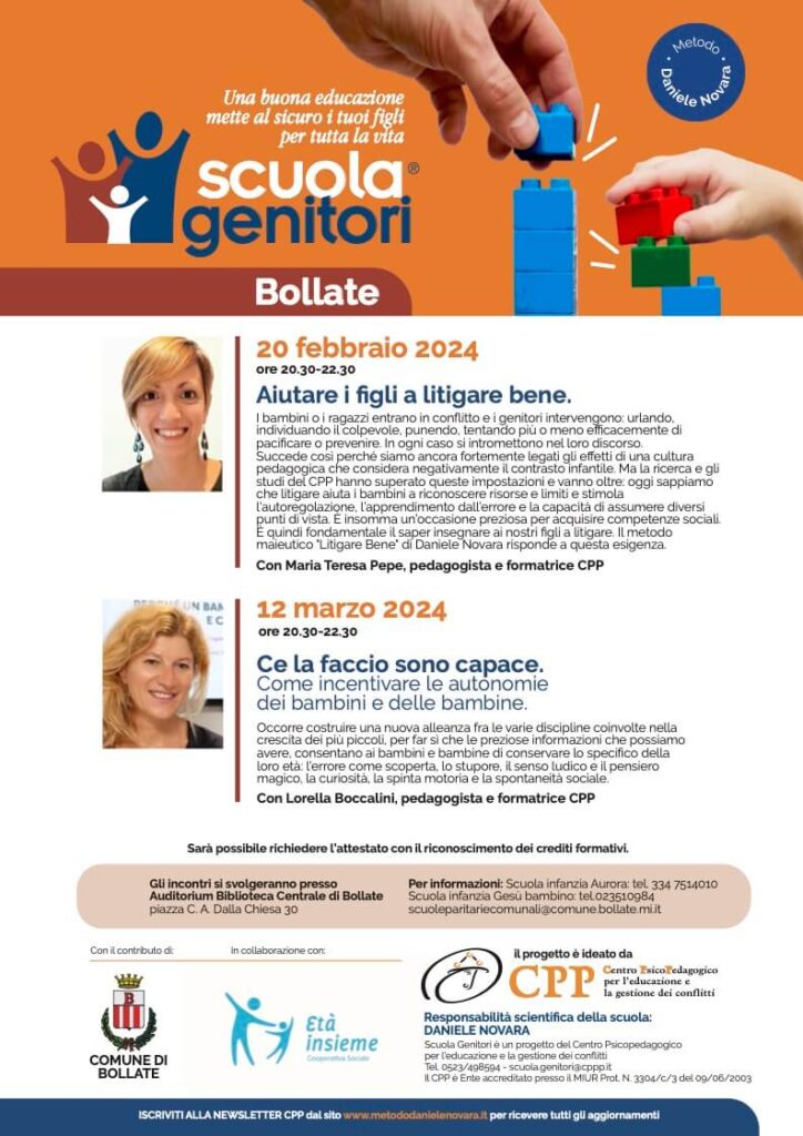 Scuola Genitori di Bollate 2024 con 2 incontri gratuiti per genitori, con Lorella Boccalini e Maria Teresa Pepe