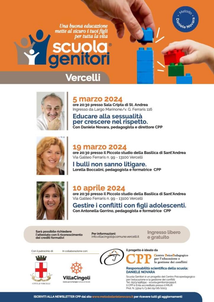 Locandina Scuola Genitori di Vercelli 2024, con Daniele Novara, Lorella Boccalini, Antonella Gorrino