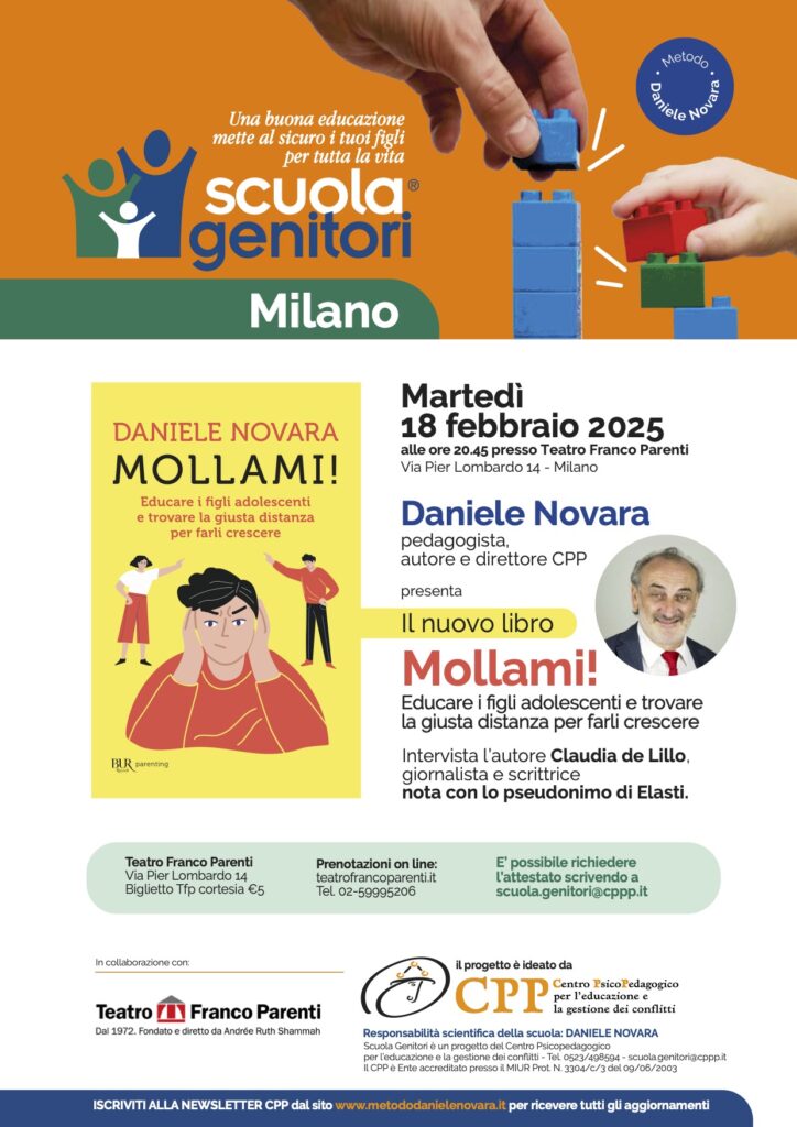 Daniele Novara presenta il suo nuovo libro "Mollami" all'interno del progetto Scuola Genitori a Milano, 18 febbraio 2025