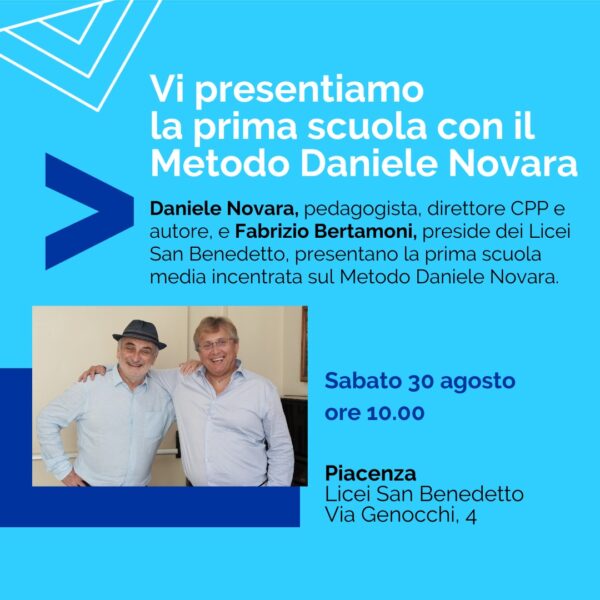 Locandina della presentazione a Piacenza della prima Scuola Media in Italia basata sul Metodo Daniele Novara