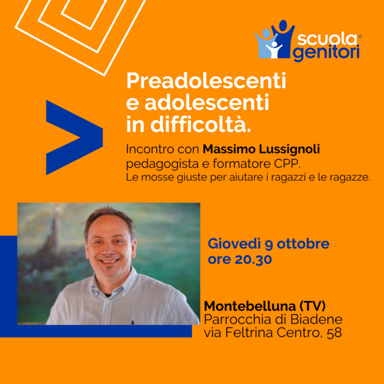Terzo incontro della Scuola Genitori di Montebelluna. Con Massimo Lussignoli si parlerà di adolescenza.