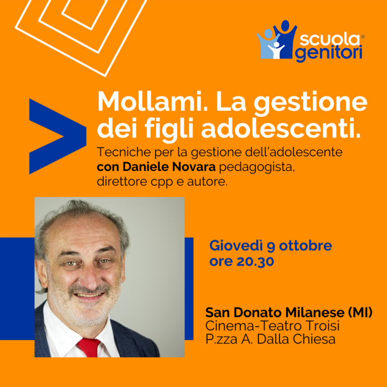 Locandina dell'incontro di Daniele Novara a San Donato Milanese dedicato alla gestione dei figli adolescenti