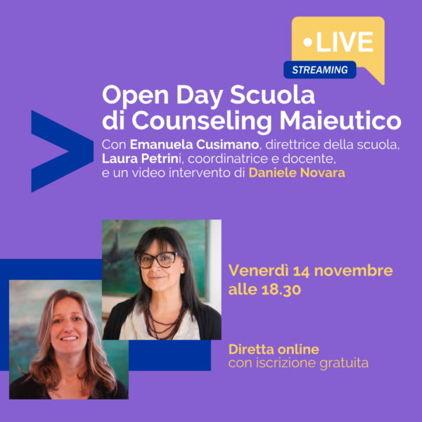 Flyer della diretta dell'open day della scuola di counseling maieutico. L'evento è di novembre.