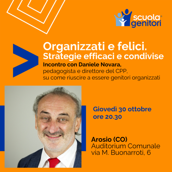 Flyer della Scuola Genitori di Arosio, nella quale Daniele Novara affronterà il tema dell'organizzazione genitoriale