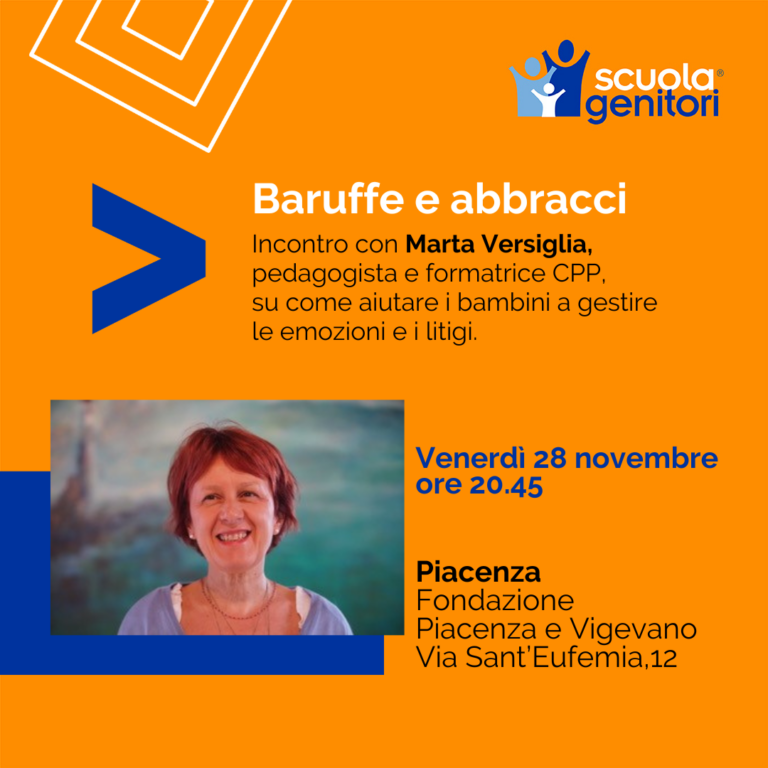 Secondo appuntamento con la Scuola Genitori di piacenza. Il 28 novembre Marta Versiglia affronterà il tema della gestione delle emozioni e dei litigi per i bambini