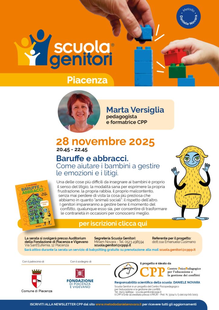 Locandina della Scuola Genitori di Piacenza, con Marta Versiglia dal titolo Baruffe e Abbracci