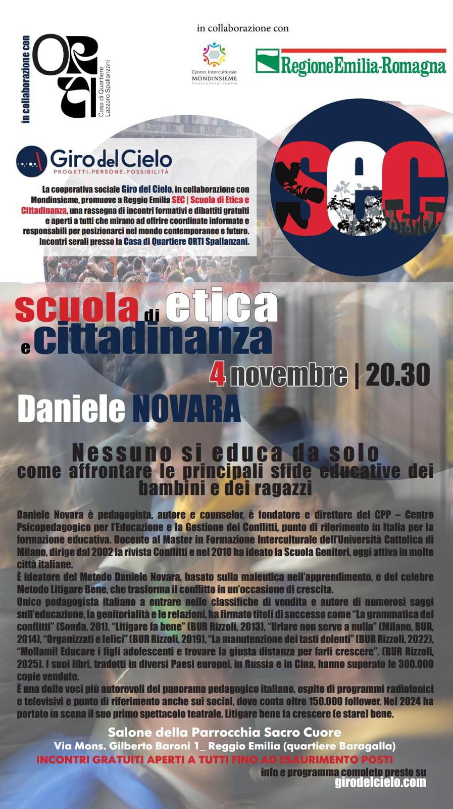 Flyer dell'incontro a Reggio Emilia di Daniele Novara organizzato dalla scuola di Etica e Cittadinanza