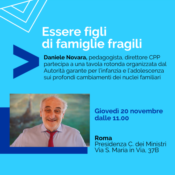 Flyer dell'iniziativa sulle famiglie fragili con Daniele Novara, organizzata dal garante dell'infanzia