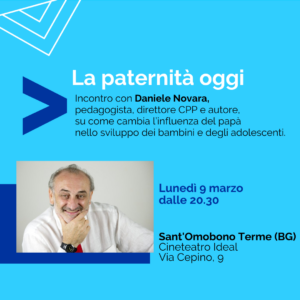 Card dell'evento di Daniele Novara a Sant'Omobono Terme (BG) dedicato alla paternità oggi.