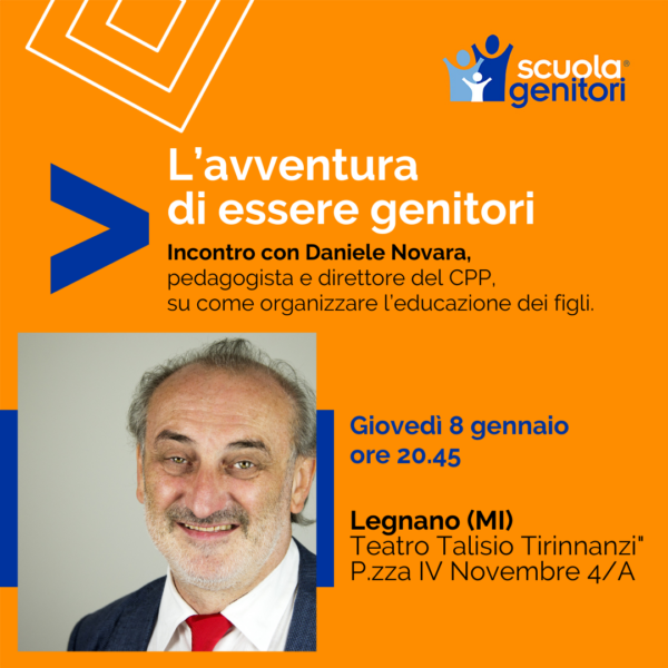 Card dell'incontro con Daniele Novara per la Scuola Genitori di Legnano, l'8 gennaio 2026
