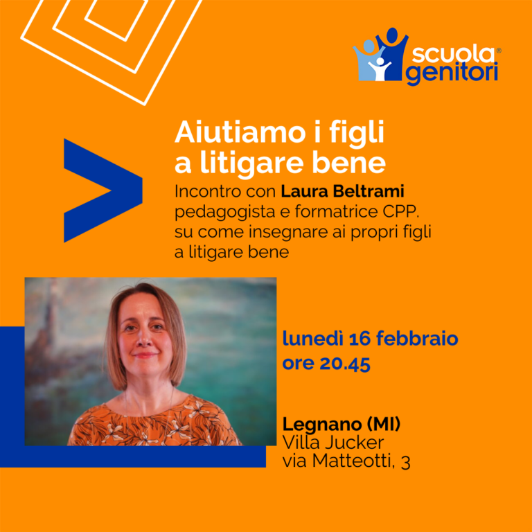Card della Scuola Genitori di Legnano durante la quale Laura Beltrami parlerà di come insegnare ai figli a litigare bene.