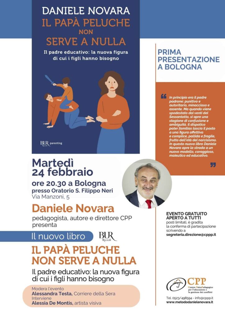 Locandina dell'evento di presentazione del nuovo libro di Daniele Novara a Bologna