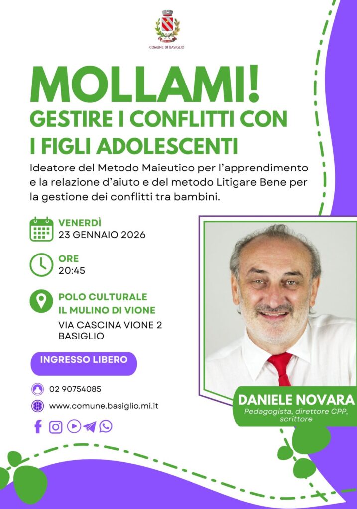 Locandina dell'evento di Daniele Novara a Basiglio dal titolo "Mollami!"