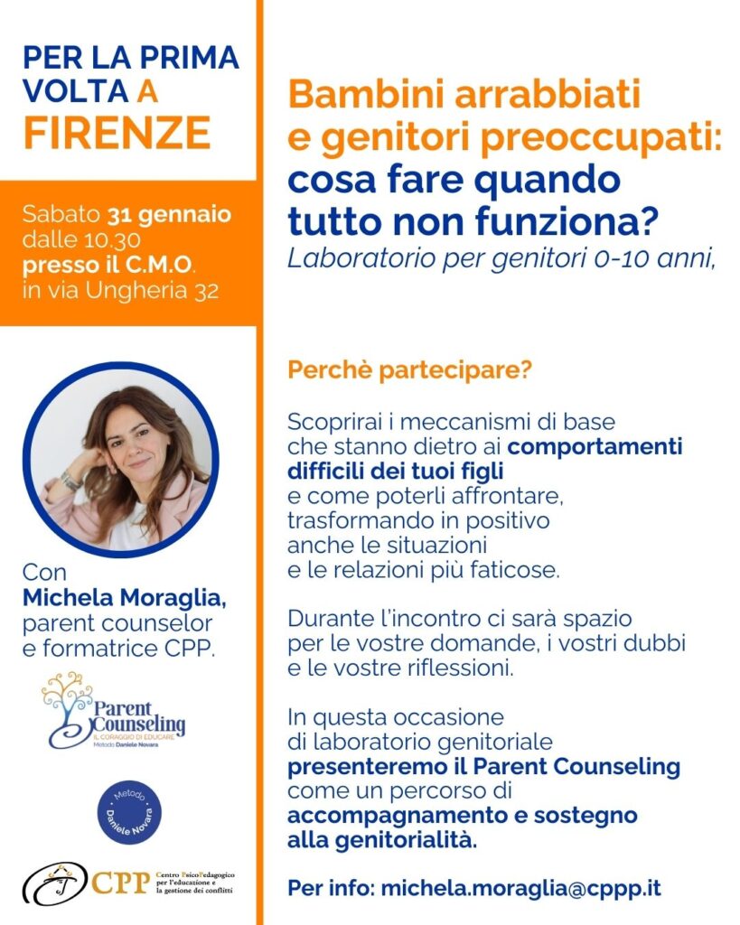 Laboratorio "Bambini arrabbiati e genitori preoccupati: cosa fare quando tutto non funziona" a Firenze con Michela Moraglia, 31 gennaio 2026
