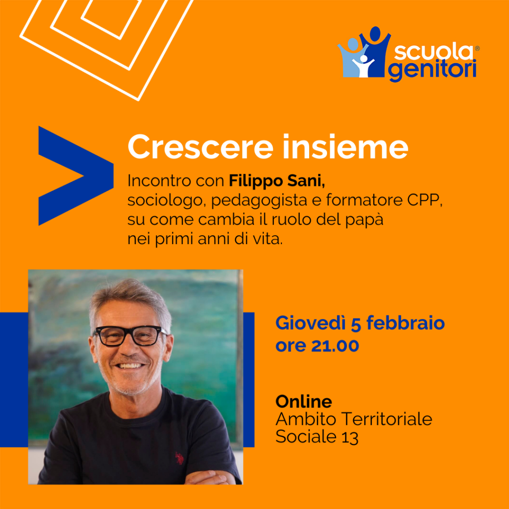 Flyer del secondo incontro della Scuola Genitori Online dell'Ambito Territoriale Sociale 13