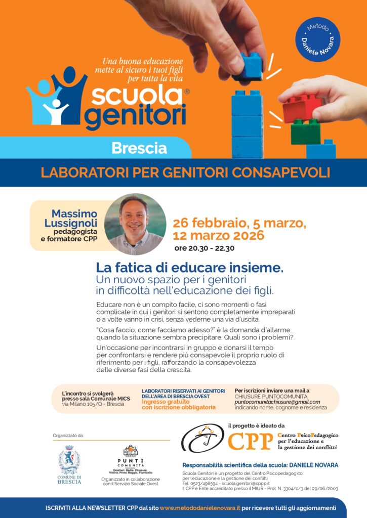 Locandina delle tre giornate laboratoriali di Brescia della Scuola Genitori