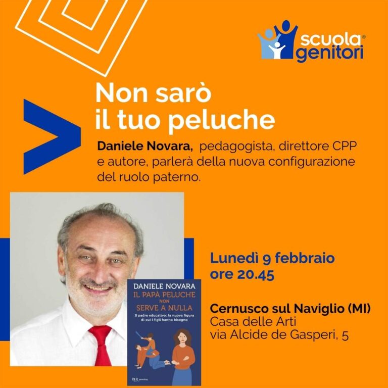 Flyer della Scuola Genitori di Cernusco con Daniele Novara nella quale presenterà anche il nuovo libro