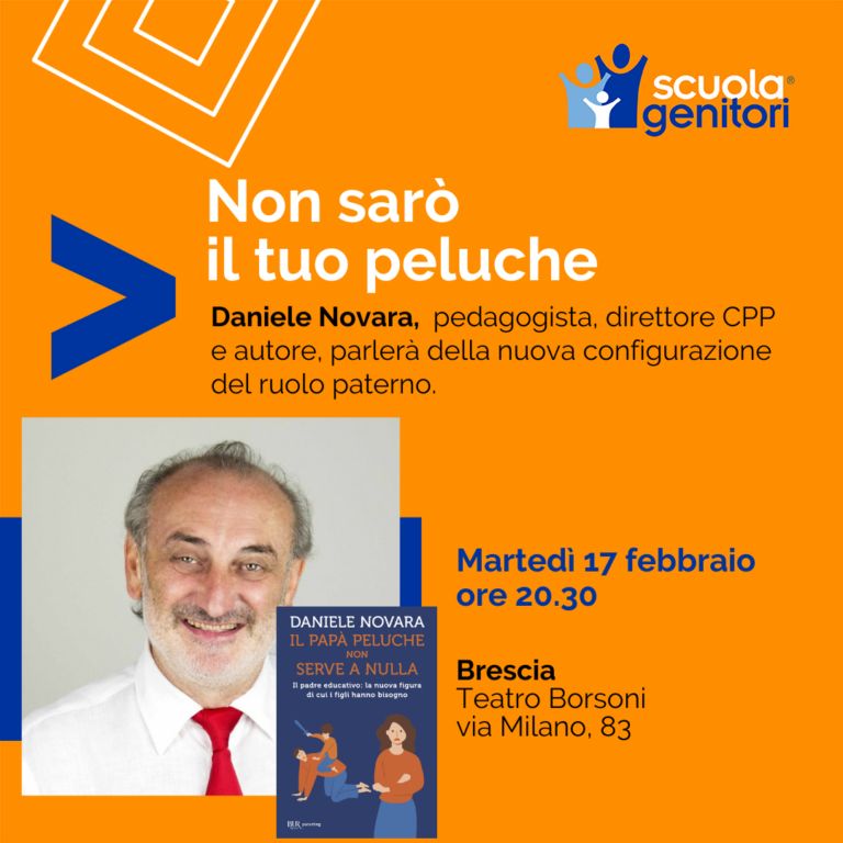 Flyer dell'incontro con Daniele Novara a Brescia, all'interno del progetto Scuola Genitori
