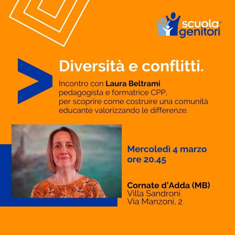 Flyer del secondo incontro della scuola genitori a Cornate d'Adda. Il 4 marzo con Lorella Boccalini