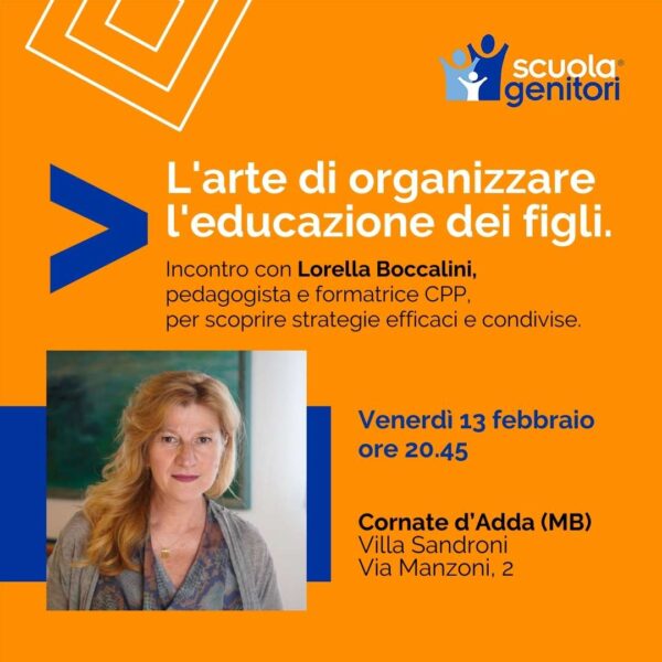 Flyer del primo incontro della Scuola Genitori di Cornate d'Adda, con Lorella Boccalini