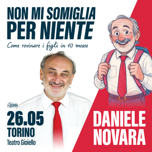 Flyer della serata a Torino dello spettacolo teatrale di Daniele Novara dal titolo "Non mi somiglia per niente"