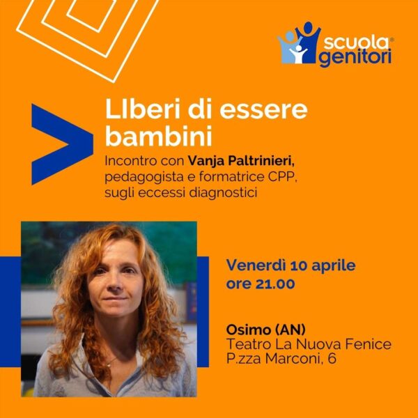 Flyer della Scuola Genitori di Osimo dal titolo "Liberi di essere bambini"