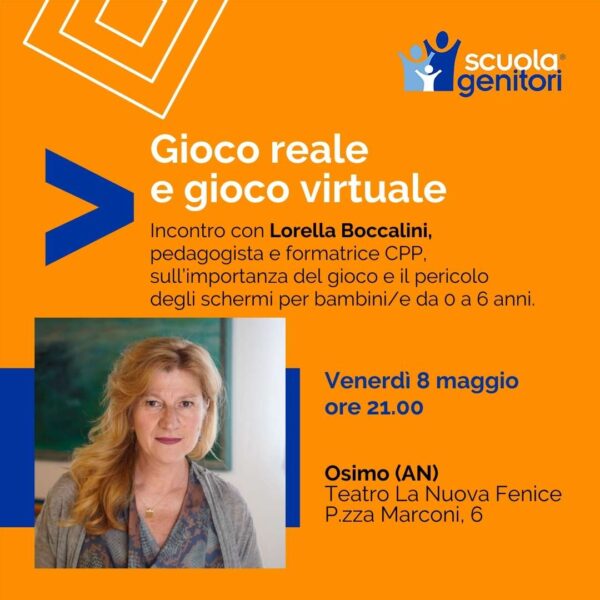 Flyer della scuola genitori di Osimo dal titolo "Gioco reale e gioco virtuale"