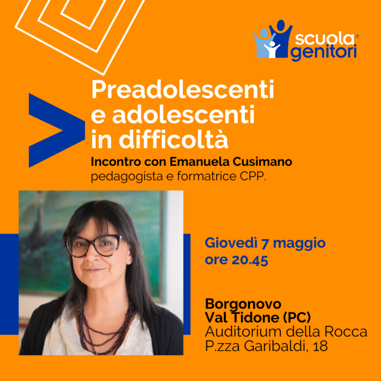 Flyer del secondo incontro della Scuola Genitori di Borgonovo Val Tidone, con Emanuela Cusimano