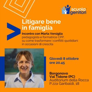 Flyer del terzo incontro della scuola genitori di Borgonovo Val Tidone, con Marta Versiglia