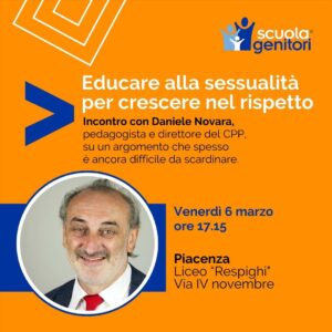 Flyer della Scuola Genitori di Piacenza relativo all0incontro del 6 marzo 2026 con Daniele Novara.