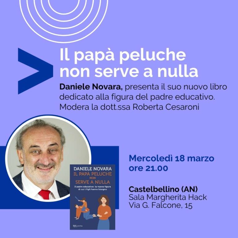 Flyer dell'evento di Daniele Novara a Castelbellino in cui presenterà "il papà peluche non serve a nulla".