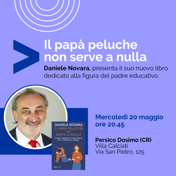 Flyer dell'incontro di Daniele Nova a Cremona, per la precisione a Persico Dosimo, in cui presenta il suo nuovo libro "Il papà peluche non serve a nulla"