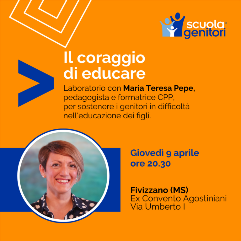 Flyer del secondo incontro della Scuola Genitori della Lunigiana con Maria Teresa Pepe