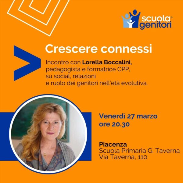 Flyer del secondo incontro della Scuola Genitori di Piacenza con Lorella Boccalini