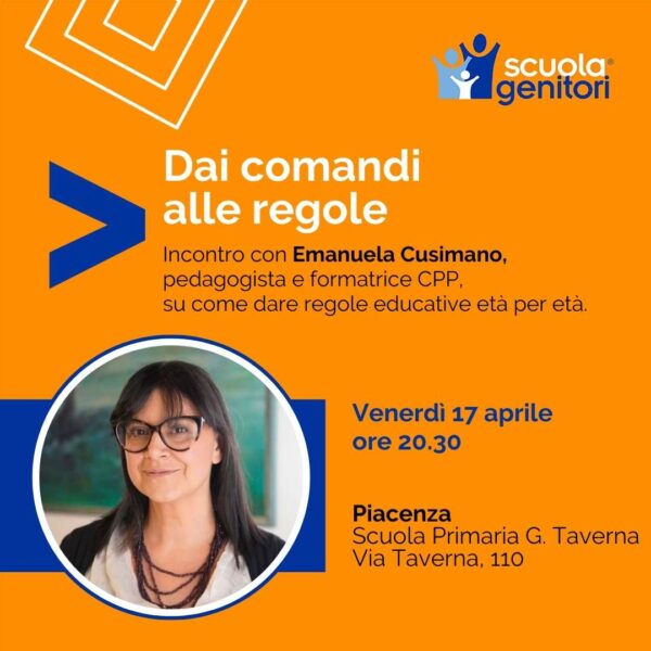 Flyer del terzo incontro della Scuola Genitori di Piacenza con Emanuela Cusimano