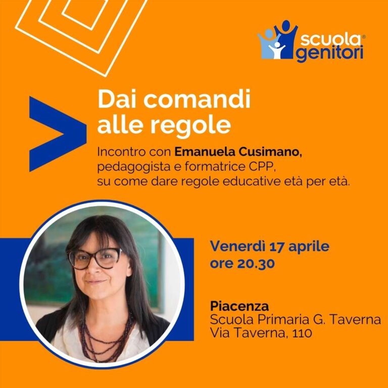 Flyer del terzo incontro della Scuola Genitori di Piacenza con Emanuela Cusimano